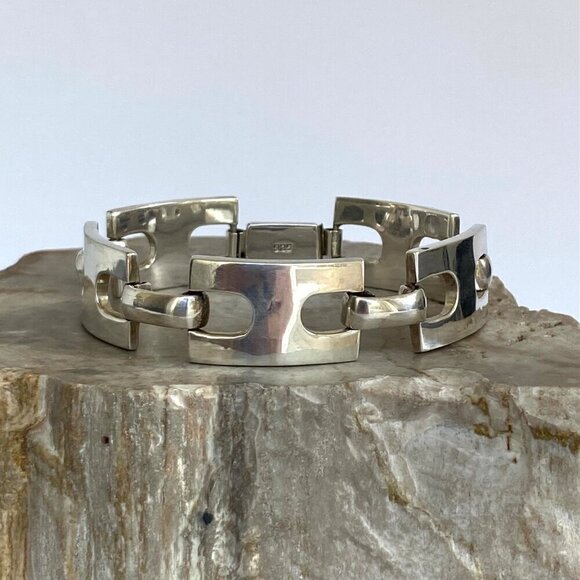 Solid Sterling Silver 925 Heavy Modernist Style Rectangular Link Bracelet 47g - Picture 3 of 16
